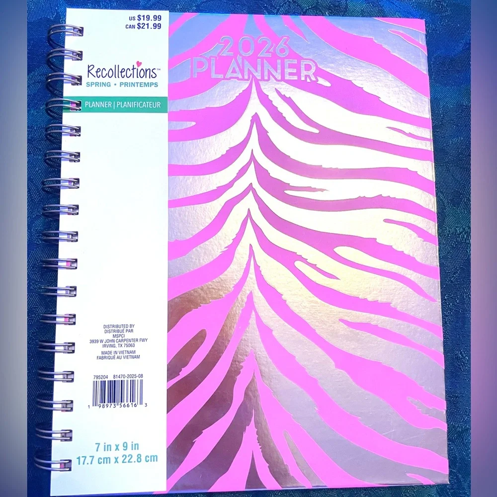 Hardcover Pink Tiger Spiral 2026 Organizational Planner with Gold Accents,Travel